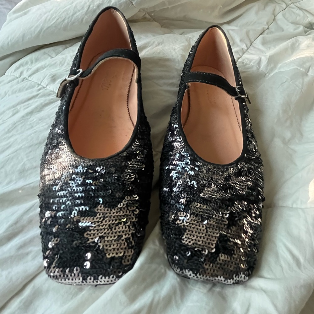 J.Crew Anya black/silver sequin square tie flats size 10.5